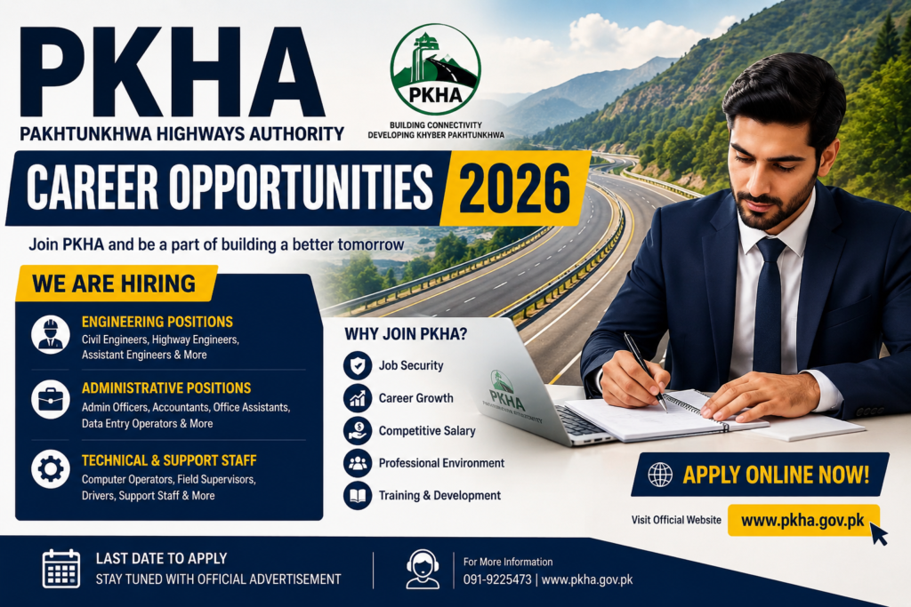 PKHA Career Opportunities 2026 recruitment banner featuring a modern highway, professional job applicant, and Khyber Pakhtunkhwa government job vacancies with online application details.