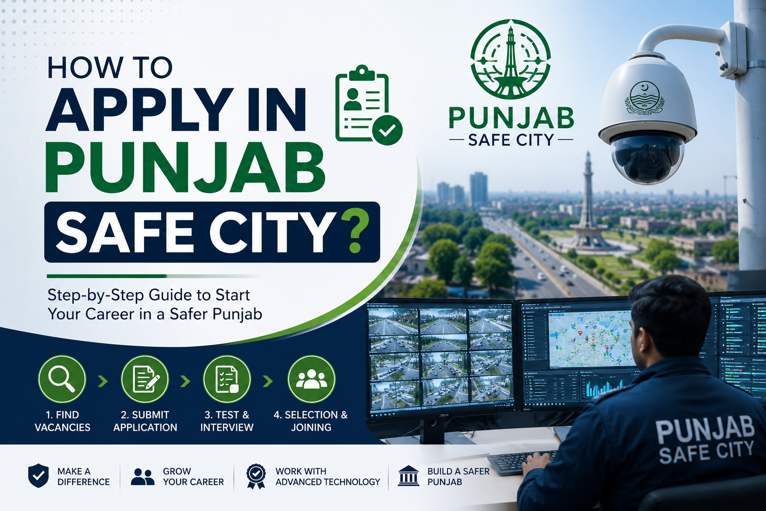 How to apply in Punjab Safe City – step-by-step job application guide featuring surveillance technology, monitoring center, and recruitment process