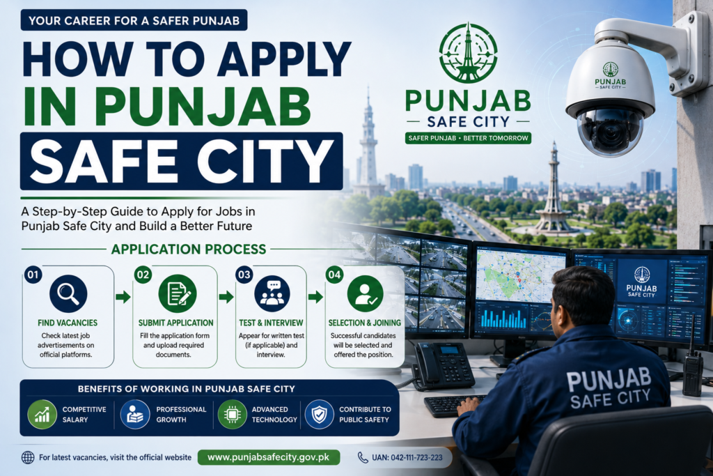 How to apply in Punjab Safe City jobs infographic showing application process, CCTV monitoring center, and recruitment steps.