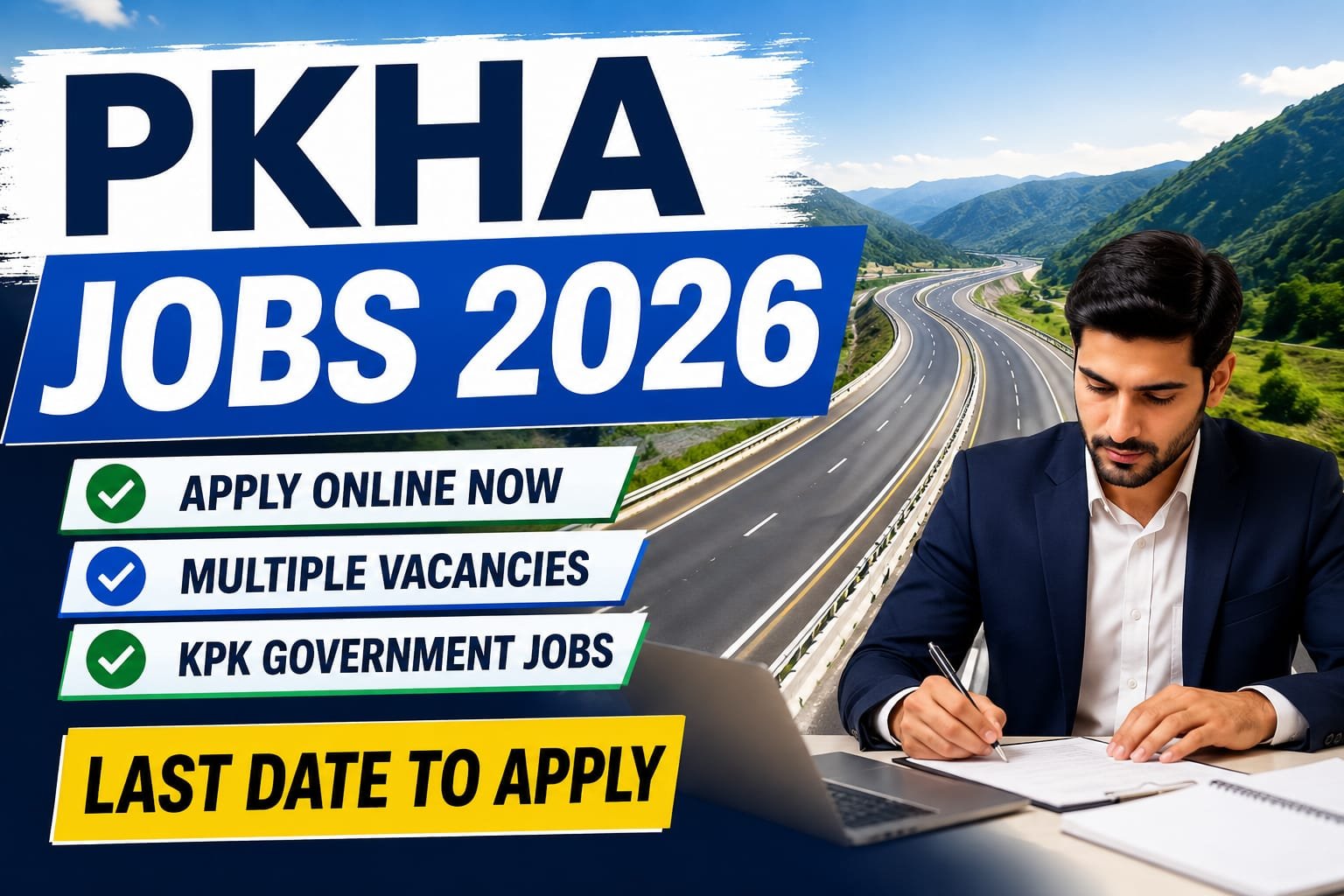 PKHA Jobs 2026 advertisement banner featuring a highway road in Khyber Pakhtunkhwa, a professional candidate filling out an application form, and highlights for online applications, multiple vacancies, and KPK government jobs.